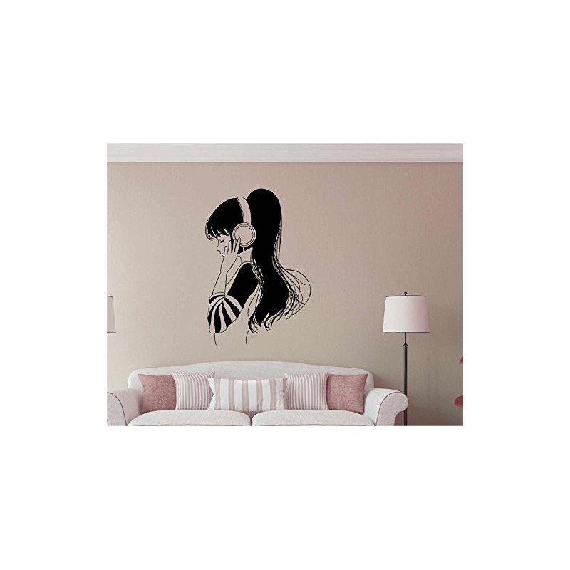 Heaven Decors Girl with Music Headphone Black Wall Sticker Size(59