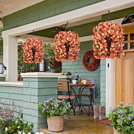 Artificial Fake Fall Hanging Flowers Plants Basket for Outdoor Autumn Decoration, Faux Silk Morning Glory Long Vines Realistic UV Resistant for Outside Home Porch Garden (Fall Orange+Light Orange)