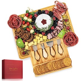 Home Euphoria Bamboo Cheese Board and Knife Set - Beautiful Charcuterie Board for Wine, Che...