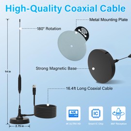 Transonic TV Antenna for Smart TV Indoor Outdoor with Strong Magnetic Base, Mounting Plate,16.4 ft Long Cable, Swivel stem, Long Range Reception for 4K 1080P Local Channels(Black)