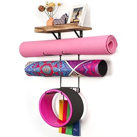 Yoga Mat Holder Wall Mount Yoga Mat Storage Home Gym Accessories with Wood Floating Shelves and 4 Hooks for Hanging Foam Roller and Resistance Bands at Fitness Class or Home Gym Carbonized Black