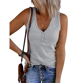 MEROKEETY Women's Summer V Neck Ribbed Sleeveless Henley Shirts Casual Workout Tank Tops, LightGrey, M