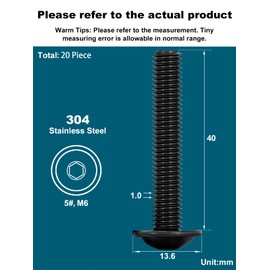 Drenky Flanged Button Head Screws M6 X 40mm 20 Pack Socket Flanged Button Screws 304 Stainless Steel Black Hexagon Socket Pan Head Screws Fully Thread Machine Screws, Rustproof