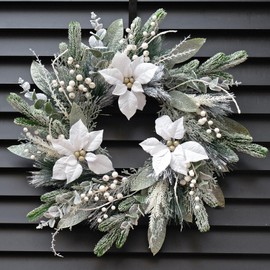 Christmas Wreaths for Front Door 24 Inch Real Touch Norfolk Pine Wreath Outdoor Winter Wreath Green Evergreen Spring Door Wreath with Pine Cones,Berries and Ribbon,Large Cedar Wreath