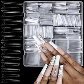 Lifextol 480PCS Long Gel Nail Tips Coffin Press on Nails Clear Acrylic Nail Tips Coffin Fake Nails, 12 Sizes XL Half Cover Soft Gel Nails Tips Kit for False Nails Extension Artificial Fingernails