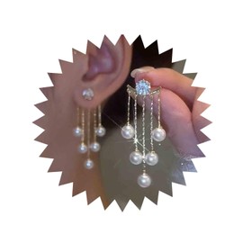 Aneneiceera Vintage Pearl Crystal Ear Jacket Earrings Pearl Tassel Earrings Gold Pearl Drop Dangle Earrings Pearl Chandeliers Earrings Jewelry for Women and Girls