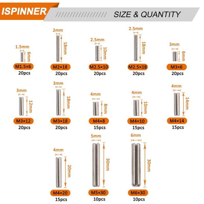 ISPINNER 220pcs Roll Pin Set, Stainless Steel Slotted Spring Pin
