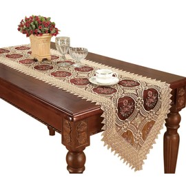 Custom Elegant Beige Lace Table Runner and Scarves Embroidered Floral Burgundy Translucent Gauze 16 * 54 Inch Long