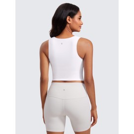CRZ YOGA Butterluxe Womens Longline Square Neck Sports Bras - Basic Crop Tank Yoga Workout Tops with Built in Pads White Small