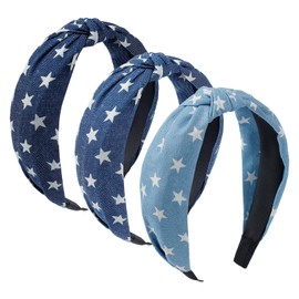 Mirlern 3-Piece Wide Denim Knotted Headbands for Women and Girls, Top Knot Blue Cloth Headband, Non-Slip Fashion Hairbands Hair Accessories (Star Style)