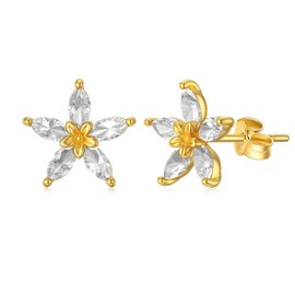 14K Real Solid Gold Crystal Flower Stud Earrings for Women Girls Gifts Her Screw Back Floral Sutd 8.5mm, Yellow