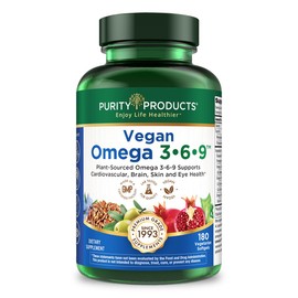 Purity Products Vegan Omega 3-6-9 Formula - “5 in 1” Essential Fatty Acid Complex - Scientifically Formulated Plant-Based Omega 3 6 9 Essential Fatty Acids (EFA) - 3 Month Supply - 180 Softgels