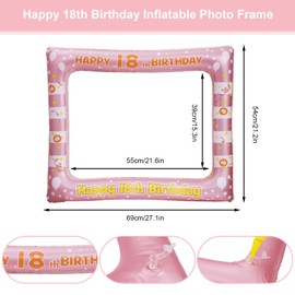 18th Birthday Photo Booth Props, 33 PCS 18th Funny DIY Birthday Party Props and Pink Gold Inflatable Selfie Frame, Birthday Party Decorations for Women Men