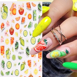 Summer Fruit Nail Art Sticker 3D Self-Adhesive Nail Decals Art Design Holographic Strawberry Watermelon Lemon Nail Art Sticker Decoration for Women Manicure Tip DIY Nails Art Supplies Acrylic Nails