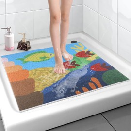 Safety Shower Mat, Non-Slip for Children, 60 x 60 cm, Soft Comfort Bath Mat with Drainage Holes, PVC-Loofah Massage Shower Mats for Wet Areas, Quick Drying