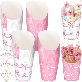 Reallnaive 250 Pcs Pink Bow Charcuterie Cups with Picks Set 50 Pcs 16oz French Fries Cups 200 Pcs Cocktail Picks Disposable Snack Cups Fruit Sticks Bachelorette Party Supplies Birthday Party Decor