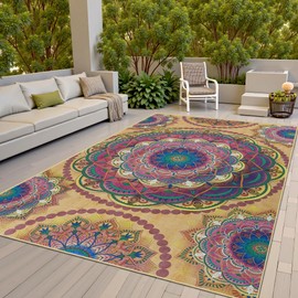 Arenarug Meditation Indoor Outdoor Rug 5x8 ft Mandala Pattern Rug Boho Style,Yoga Meditation Mat Picnic Rug for Patio Living Room Porch Garden Deck Backyard Easy to Clean Non Shedding Non Slip