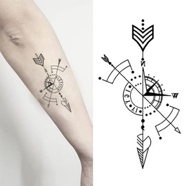 Oottati Small Cute Temporary Tattoo Sticker Set of 2 - Minimalist Geometric Arrow Line Compass Designs for Hand Neck Face Wrist, Waterproof Fake Body Art, Simple & Modern Unisex Skin Decals