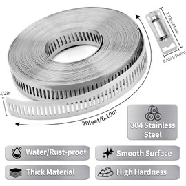 Hose Clamps 20FT Strap+20 Fasteners,DIY Cut-To-Fit 304 Stainless Steel Adjustable Large Worm Gear Band Clamp Assortment Kit,Metal Screw Fasteners and Strapping for Pipe,Duct,Pole,Tube