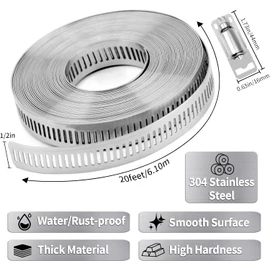 Hose Clamps 20FT Strap+20 Fasteners,DIY Cut-To-Fit 304 Stainless Steel Adjustable Large Worm Gear Band Clamp Assortment Kit,Metal Screw Fasteners and Strapping for Pipe,Duct,Pole,Tube
