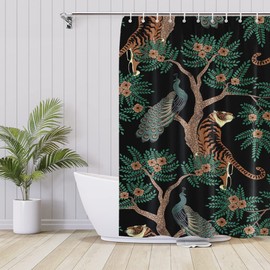 SKYSUKEY Retro Tiger and Peacock Shower Curtain Set Vintage Dark Green Plant Shower Curtain Flower Bath Curtains Plant Bathroom Curtains Gorgeous Curtain for Bathroom Fabric with Hooks 72x72 Inch