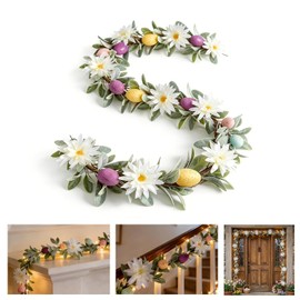 Guirnalda de Pascua de 5.9 pies con 40 luces LED para manto, huevo de Pascua, guirnalda iluminada, decoración pastel de corderos, guirnalda de orejas con ventana artificial de flores, luz floral