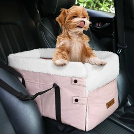 Center Console Dog Car Seat for Small Dogs,PU Leather Small Dog Car Booster Seat,Washable Foldable with Safe Protection Hooks Adjustable Straps and Storage Pocket Pet Up to 18lbs-Pink