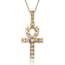 Gold chain with cross men's iced out, 18 carat real gold plated/platinum plated white gold cross pendant necklace, full cubic zirconia laboratory diamonds prong set, with rope chain 60 cm, tennis