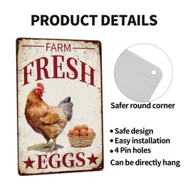 JOCASA Chicken Vintage Metal Poster Farm Fresh Eggs Sign Decor-Retro Aluminum Funny Metal Tin Sign for Kitchen Farmhouse Store Market Country Farm Barn Supermarket, Outdoor Wall Signs Gift, 12''x 8''