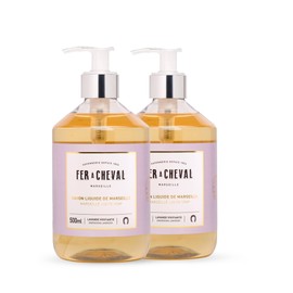 Fer a Cheval Energizing Lavender Marseille Liquid Soap Duo | Argan & Coconut Oil Enriched, Luxurious Lather, Ultra-Hydrating, SLS-Free, Natural Ingredients - Set of 2