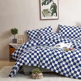 Houseri Royal Blue White Plaid Comforter Set Twin Size Boys Girls Bright Blue Grid Bedding Comforters Kids Deep Ocean Blue Checkerboard Bedding Sets Twin Dark Blue Checkered Gingham Comforter Set Twin