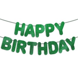 JunyRuny Pre-Strung Happy Birthday Banner Green Glitter Banner, Green Birthday Party Decorations & Decor for Man & Women & Boy & Girl, Happy Birthday Backdrop/Sign
