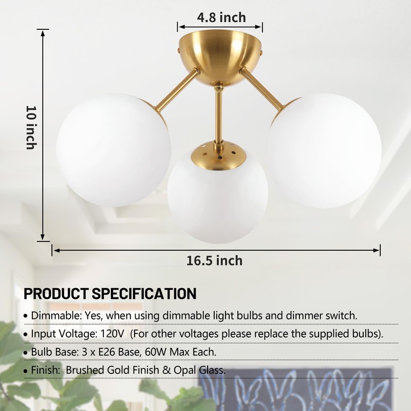 Bagood Mid-Century Modern Semi Flush Mount Ceiling Light 3 Lights