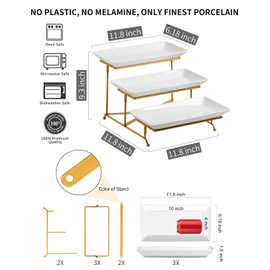 LAUCHUH 3 Tier Serving Stand Porcelain Serving Platter Tier Serving Trays with Collapsible Sturdier Rack, Serving Dishes and Platters for Thanksgiving, Christmas, Entertaining, Gold, 12 Inch
