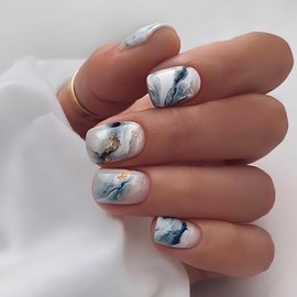 Square Press on Nails Short White Fake Nails with Blue Wavy Design Gold Foil Glue on Nails Glossy Full Cover False Nails Artificial Acrylic Nails for Women