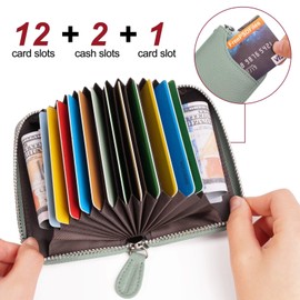 GADIEMKENSD Credit Card Holder RFID Protection Leather Wallet 14 Compartments Card Holder with Zip Case, grey / blue, Minimal