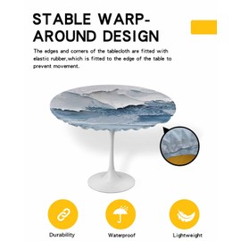 EwdeWwo Abstract Wave Elastic Round Tablecloth, Aesthetic Oil Painting Art Fitted Tablecloths for Round Table Oil-Proof Waterproof Blowing Spindrift Beach Table Cloth (Fit for 36" - 44" Round Table)