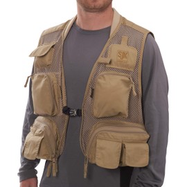 SJK Strike Fishing Vest, 12 Pockets, Neoprene Comfort Collar, Mesh Body, Rod Holder, Quick Dry Material & More, Medium Khaki