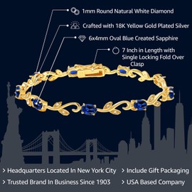 Gem Stone King 18K Yellow Gold Plated Silver Created Sapphire Diamond Greek Vine 7 Inch Tennis Bracelet For Women