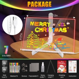LED Drawing Board with 7-Colors, Upgraded Multi Accessory LED Note Board,Equipped with Stand,8 Colored pens (with Eraser Caps),Adapter, Hook, Chain, Spray Bottle, Cloth and Sketchbook (12x“8”)