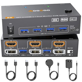 HDMI DP2.1 KVM Switch 2 Monitors 2 Computers, 8K@60Hz/4K@144Hz KVM Switch for 2 PC Sharing 2 Monitors, Keyboard, Mouse, with 2 USB3.0 Cables, Wired Controller and Power Adapter