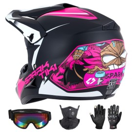 Youth Kids Dirt Bike Motocross Helmet (Goggles Gloves Face Mask) 4PCS Set, DOT Approved Girls Full Face Motorcycle Helmets, ATV BMX MX Mountain Bike Off Road Kid Helmet (Pink, XL)