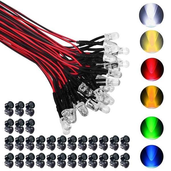 GTIWUNG 60pcs 5mm LED Pre-Wired High Brightness Cannonball LED 12V 6 Colors Available- White, Warm White, Red, Blue, Green, Yellow + 60pcs Dedicated Mount LED Holder
