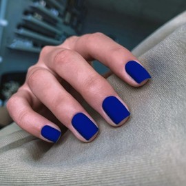 Matte Royal Blue Press on Nails Short Square, KXAMELIE Natural Gel Nails Glue on Acrylic Nails Press ons Featured Protective Coat Fake Nails Solid Color 24Pcs Short Coffin Artificial Nails