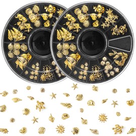 CHANZET Ocean Nail Charms Nail Art Stickers 2 Disc, Beach Starfish Sea Seashell Nail Charms Decals, Gold Metal 3D Nail Gems Decals for Manicure DIY Nail Embellishments 12 Style