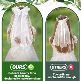 First Communion Veil for Girls - White Flower Crown with Lace Gloves, Holy Mantilla Pearl Floral Edge Chapel Veil Catholic