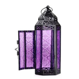 11.5" Moroccan Style Candle Lantern, Black Metal Frame, Purple Colored Glass Panels Great for Patio, Indoors/Outdoors, Events, Parties and Weddings (Purple)