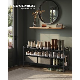 SONGMICS Shoe Rack, 3 Tier Shoe Organizer, Fabric Shoe Shelf Storage with 4 Hooks, Holds up to 18 Pairs of Shoes, Height-Adjustable Shoe Rack for Entryway, Hallway, Closet, Easy Assembly, Ink Black