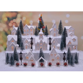 Ultimate Holiday Winter Village Pre Lit LED Display, Unglazed White Porcelain Houses, 46 Piece Tabletop Christmas Boxed Set, includes Tea Lights, Trees, Lamp Posts, and Artificial Snow
