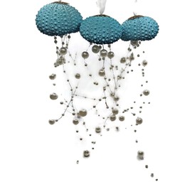 Set of 3 Ocean Inspired Elegant Urchin Shell and Pearl Jellyfish Tropical Christmas Ornaments (Aqua and White)